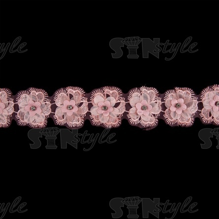 Кружево "Цветочное", ширина 55 мм, цвет розовый, с белыми стразами, намотка 10 ярдов  фото 3