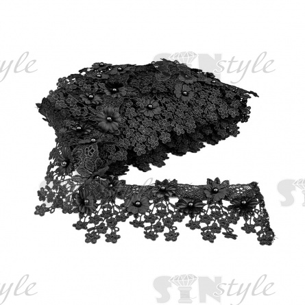 Кружево ажурное с отделкой бусинами и цветами, ширина 90 мм, цвет черный, намотка 10 ярдов фото 3