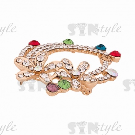 Брошь металлическая со стразами, застежка булавка, цвет золото+белые/цветные стразы, размер 44х55 мм, цвет золото фото 2