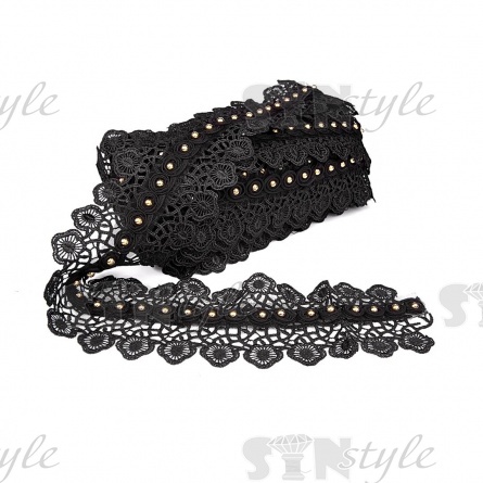 Кружево ажурное, дополненное скрученной капроновой лентой и золотыми бусинами, ширина 87 мм, намотка 15 ярдов, цвет черный фото 3