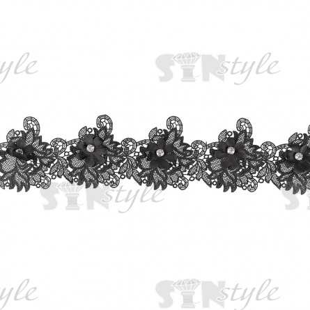 Кружево ажурное с отделкой, нежная тонкая цветочная гирлянда на ажурной основе со стразой в центре цветка, ширина 80 мм, намотка 10 ярдов, цвет черный фото 2