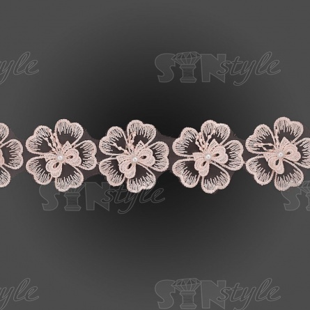 Кружево "Цветочки", нежная объемная цветочная гирлянда с бусиной белого цвета, на капроновой ленте, ширина 55 мм, цвет персиковый, намотка 20 ярдов фото 2