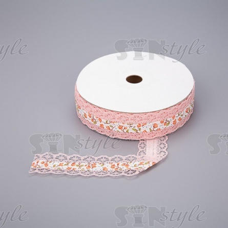 Декоративная лента на кружевной основе с цветочным принтом, цвет розовый, ширина 30 мм, намотка 20 ярдов фото 1