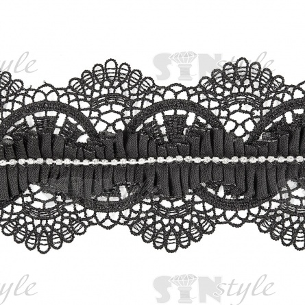 Кружево ажурное с отделкой, на нежной кружевной основе тонкий капроновый рюш с ниткой блестящих белых стразин, ширина 65 мм, намотка 15 ярдов, цвет черный  фото 3