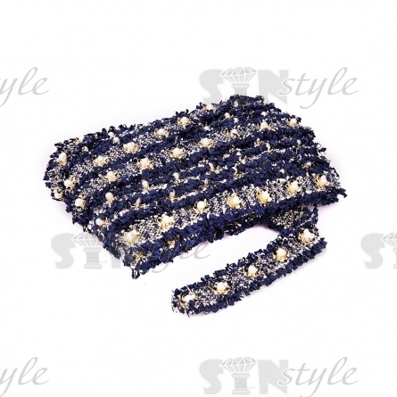 Декоративная тесьма букле с люрексом и бахромой, отделана золотыми цветками и белыми бусинами, ширина 30 мм, намотка 15 ярдов фото 3