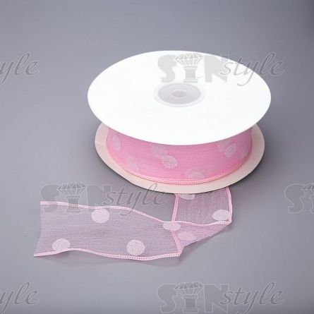 Декоративная капроновая лента "в горошек", ширина 40 мм, цвет розовый, намотка 25 ярдов фото 1