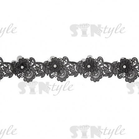 Тонкое ажурное кружево, декорированное объемными цветами и стразами, ширина 55 мм, цвет черный/стразы белые, намотка 15 ярдов  фото 2
