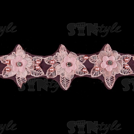 Кружево "Цветочное", ширина 60 мм, цвет розовый, декорировано бусинами в цвет кружева и белыми стразами, намотка 10 ярдов  фото 2