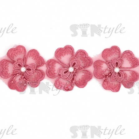 Кружево "Цветочки", нежная объемная цветочная гирлянда с бусиной белого цвета, на капроновой ленте, ширина 55 мм, цвет старо-розовый, намотка 20 ярдов фото 3