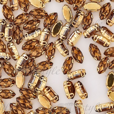 Стразы пришивные акриловые в цапах, форма лодочка, цвет золото+коричневый, размер 5х10 мм, 200 шт/уп фото 3