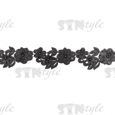 Кружево Цветочное, красивая цветочная гирлянда с бусиной в центре цветка, намотка 10 ярдов, ширина 55 мм, цвет черный  фото 3