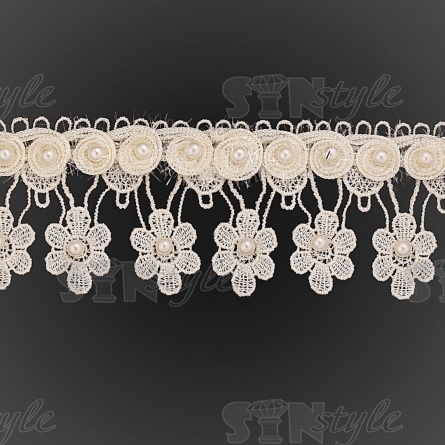 Кружево ажурное с отделкой бусинами, ширина 60 мм, цвет шампань, намотка 10 ярдов фото 2