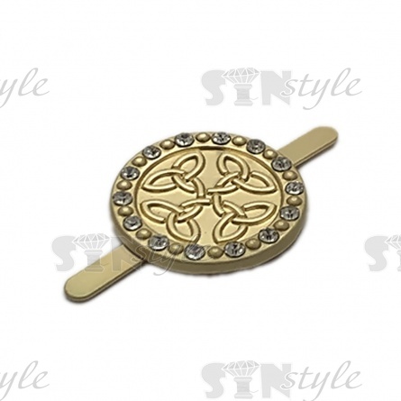 Брошь металлическая, крепление усики, диаметр 18 мм, цвет золотой матовый+белые стразы фото 2