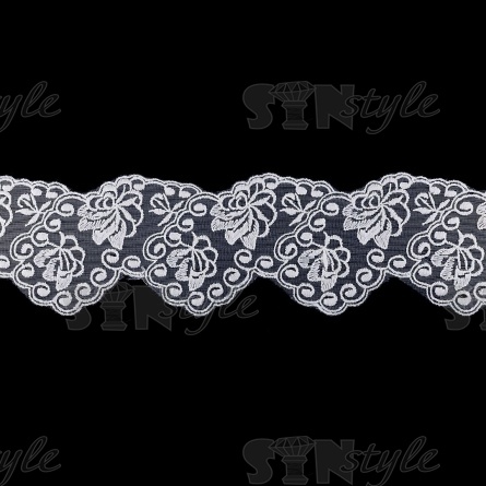 Кружево на сетке белого цвета с белой вышивкой, ширина 75 мм, намотка 15 ярдов фото 1