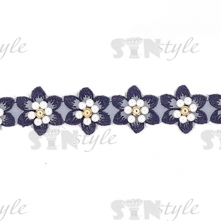 Кружево "Цветочки" украшено бусинами контрастного цвета,на капроновой ленте, ширина 30 мм, цвет темно-синий, намотка 20 ярдов фото 3