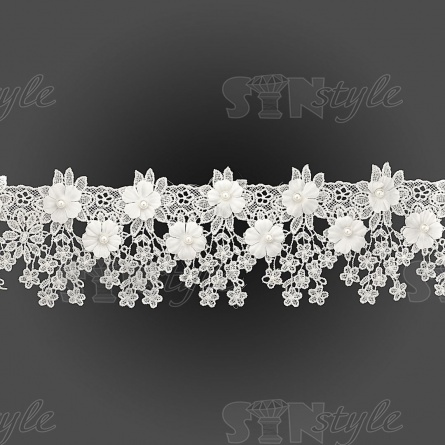 Кружево ажурное с отделкой бусинами и цветами, ширина 90 мм, цвет белый, намотка 10 ярдов фото 1
