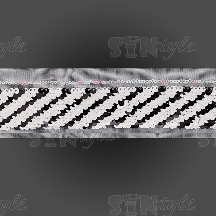 Тесьма на сетке, расшитая пайетками, ширина 42 мм, цвет розовый+черный, рулон 14 ярдов фото 3
