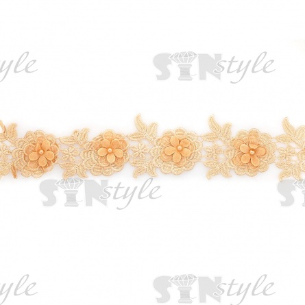 Кружево Цветочное, воздушная цветочная гирлянда с бусиной в центре цветка, намотка  10 ярдов, ширина 65 мм, цвет горчичный фото 2