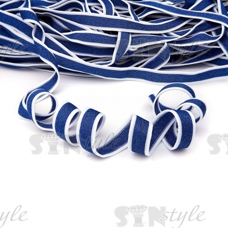 Тесьма трикотажная (лампасная), ширина 20 мм, цвет белый/синий с люрексом, намотка 55 ярдов фото 1