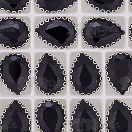 Стразы пришивные, стеклянные в оправе, форма капля, цвет серебро+черный, размер 13х18 мм фото 3