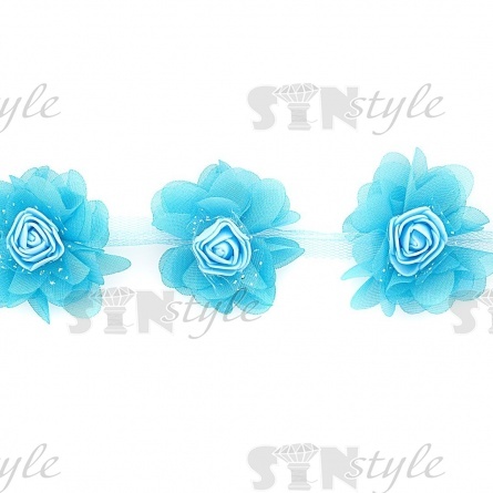 Кружево "Цветочки" на капроновой ленте, нежная цветочная гирлянда из объемных цветов, ширина 60 мм, цвет светло-синий (142), намотка 10 ярдов фото 3