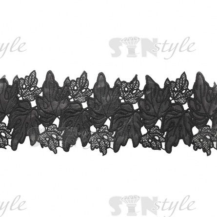 Кружево кожаное, красивая изящная гирлянда из кожаных и прозрачных листьев разных размеров, ширина 115 мм, намотка 10 ярдов, цвет черный фото 1