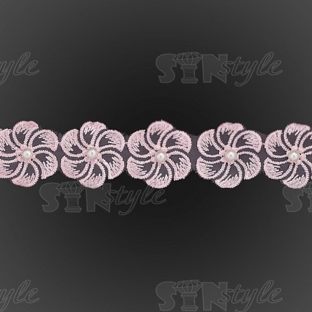 Кружево "Цветочки" на капроновой ленте, ширина 35 мм, цвет розовый+белые бусины, намотка 20 ярдов фото 3