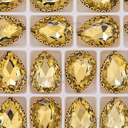 Стразы пришивные стеклянные в оправе, форма капля, цвет золото+шампань, размер 10х14 мм фото 3