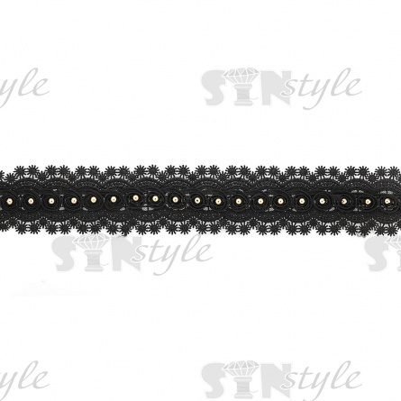 Кружево ажурное, дополненное скрученной капроновой лентой и золотыми бусинами, ширина 55 мм, намотка 15 ярдов, цвет черный фото 1