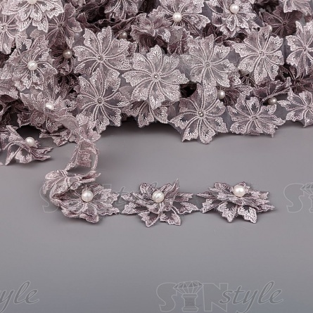 Кружево "Цветочки" украшено бусиной на, капроновой ленте, ширина 55 мм, цвет серый, намотка 20 ярдов фото 1