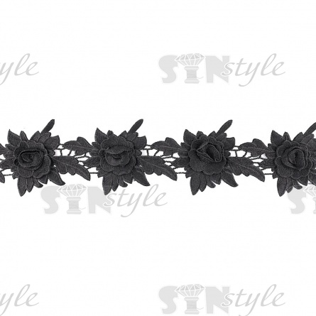 Кружево "Цветочное", красивая цветочная гирлянда из объемных цветов и резных листьев ширина 90 мм, цвет черный, намотка 15 ярдов фото 1