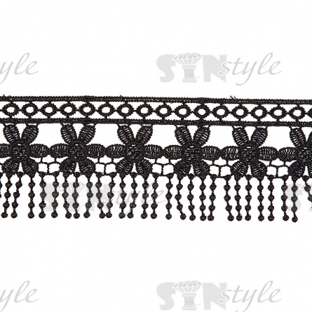 Тонкое ажурное кружево с бахромой по нижнему краю, ширина 55 мм, цвет черный, намотка 10 ярдов  фото 1