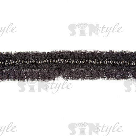 Кружево с отделкой,  нежное ажурное кружево собрано в мелкую складку с бусинами по всей длине изделия, ширина 40 мм, намотка 15 ярдов, цвет черный фото 1