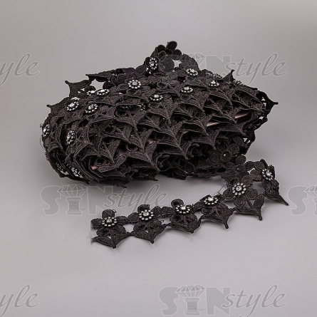 Кружево "Цветочное" из ромашек, декорированное стразами, ширина 60 мм, цвет черный, намотка 15 ярдов  фото 3