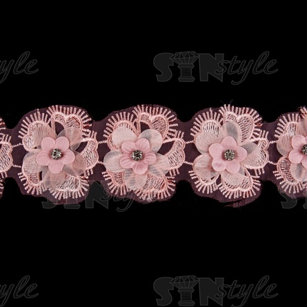 Кружево "Цветочное", ширина 55 мм, цвет розовый, с белыми стразами, намотка 10 ярдов  фото 2