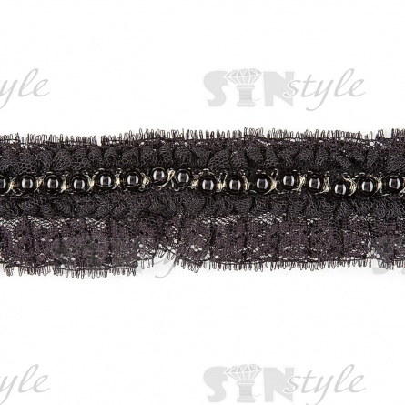 Кружево с отделкой,  нежное ажурное кружево собрано в мелкую складку с бусинами по всей длине изделия, ширина 40 мм, намотка 15 ярдов, цвет черный фото 3