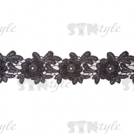 Кружево 3D на сетке с цветочным орнаментом, расшитое микробисером, пайетками и стразами, ширина 100 мм, цвет черный, намотка 10 ярдов фото 3