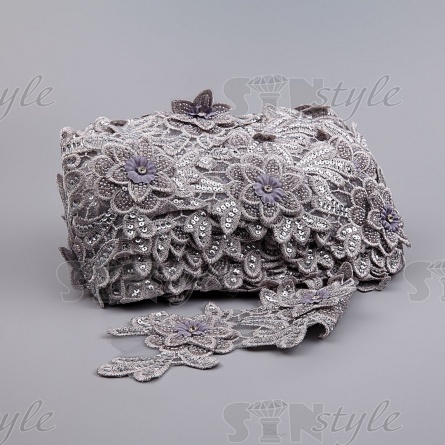Кружево 3D на сетке с цветочным орнаментом, расшитое микробисером, пайетками и стразами, ширина 100 мм, цвет серебряный, намотка 10 ярдов  фото 2