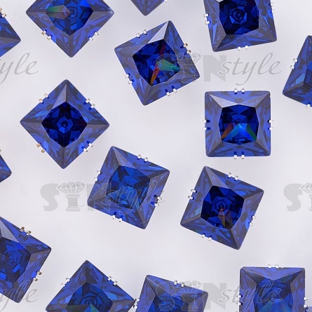 Стразы пришивные стеклянные в цапах, форма квадрат, цвет серебро+синий, размер 12*12 мм фото 4