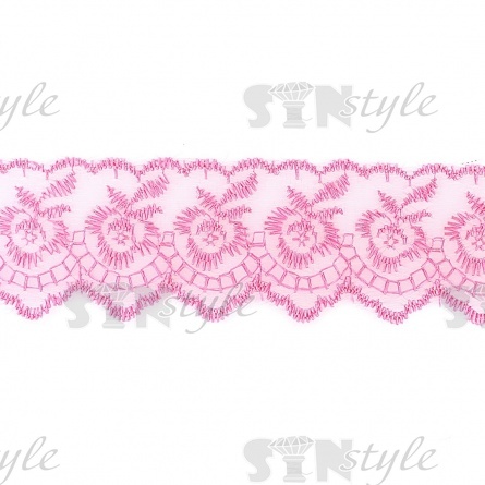 Кружево декоративное, нежная вышивка на тонкой капроновой основе, ширина 40 мм, цвет розовый (05), намотка 10 ярдов фото 1