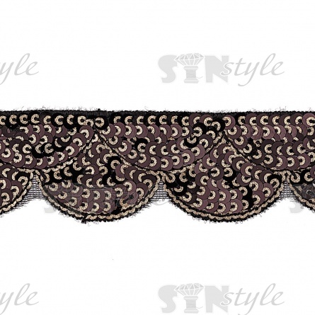 Декоративная тесьма на сетке, расшитая пайетками, ширина 35 мм, цвет черный+золотой, намотка 20 ярдов фото 1