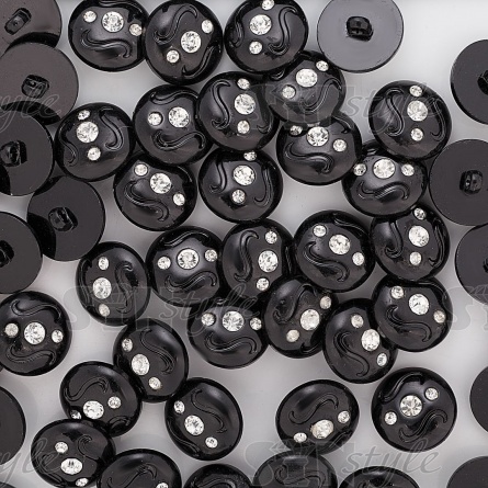 Пуговица пластиковая на ножке, форма полусферы, цвет черный с белыми стразами, 28L фото 3