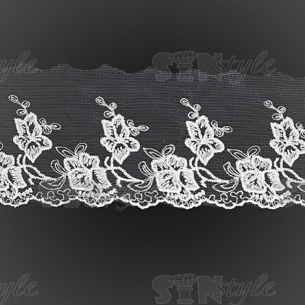 Нежное воздушное кружево на сетке с цветочными мотивами и фигурным краем, цвет белый, ширина 80 мм, намотка 15 ярдов фото 1