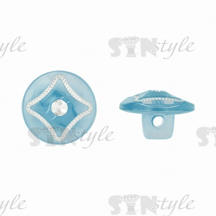 Пуговица пластиковая на ножке, круглая, бирюзовая прозрачная с белой стразой в центре, 20L фото 1