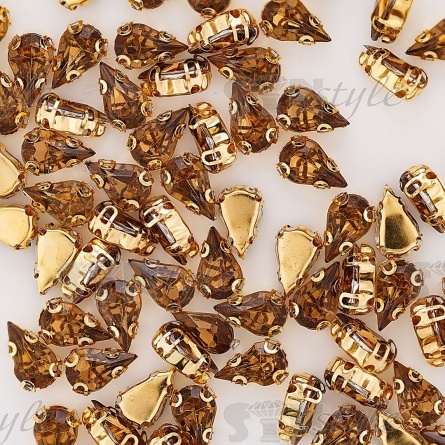 Стразы пришивные акриловые в цапах, форма капля, цвет золото+коричневый, размер 6х10мм, 200 шт/уп фото 3