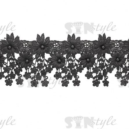 Кружево ажурное с отделкой бусинами и цветами, ширина 90 мм, цвет черный, намотка 10 ярдов фото 2