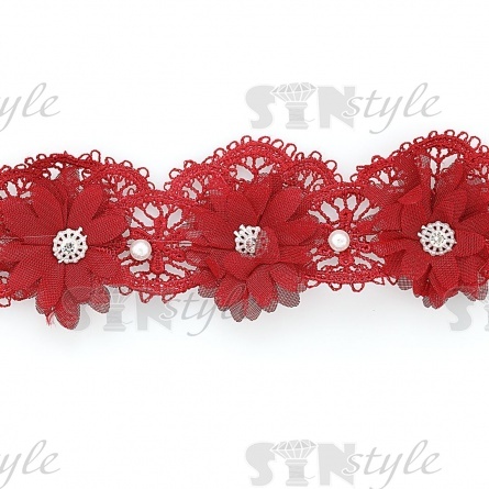 Кружево ажурное с объемными цветами в цвет кружева, украшено белыми бусинами и стразами, ширина 50 мм, намотка 10 ярдов, цвет бордовый фото 2