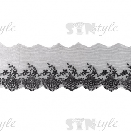 Нежное воздушное кружево на сетке с цветочными мотивами, цвет черный, ширина 130 мм, намотка 15 ярдов фото 2