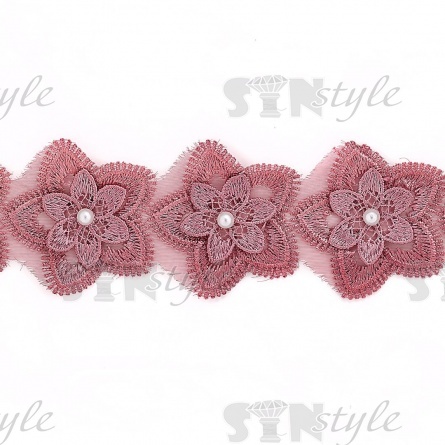 Кружево "Цветочки" украшено бусиной, на капроновой ленте, ширина 55 мм, цвет грязно-розовый, намотка 20 ярдов фото 3