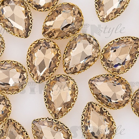 Стразы пришивные, стеклянные в оправе, форма капля, цвет золото+шампань, размер 13х18 мм фото 4